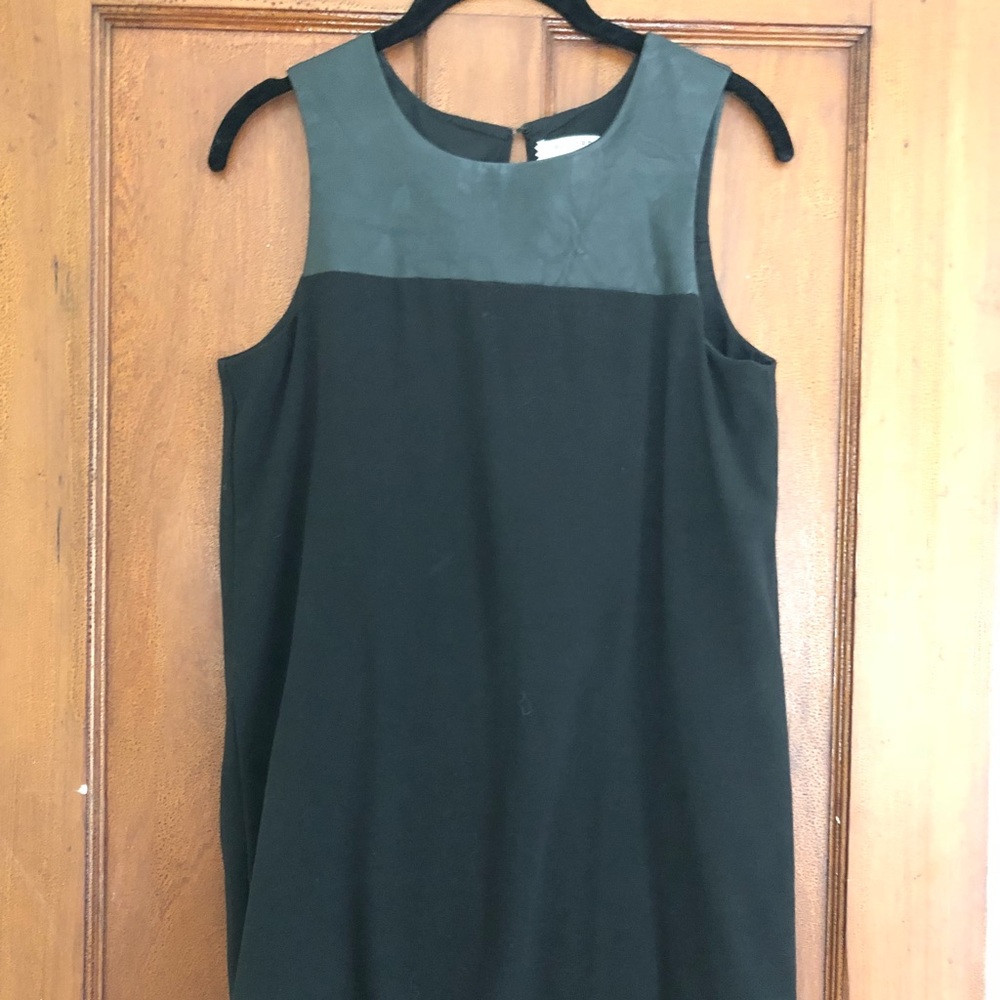 Black shift dress with faux leather collar